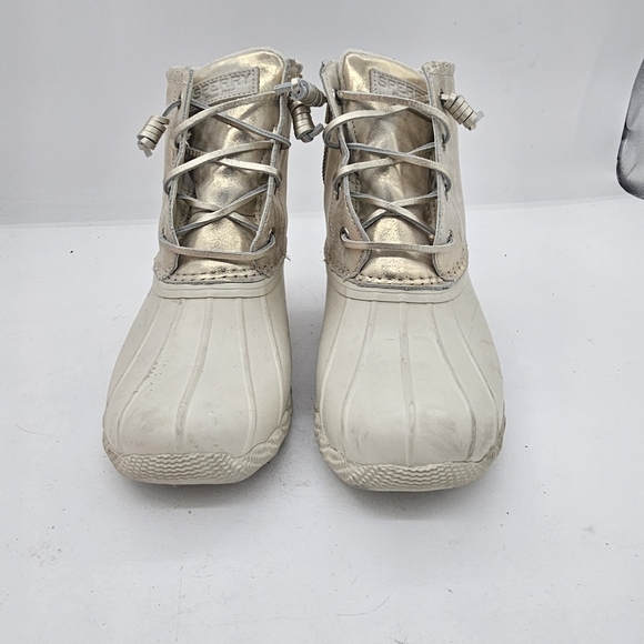 Sperry Saltwater Shimmer Leather Duck Boots Ivory Size 6 - Picture 3 of 9